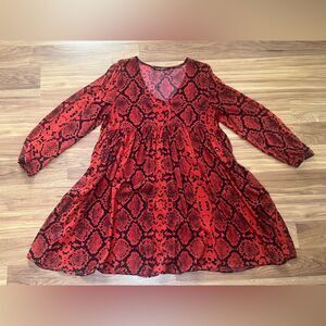 Zara Amy Dress Red Snakeskin Print Oversized Mini Dress Size Small Long Sleeves